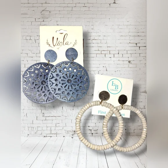 2pairs Chunky Boho Earrings Wooden Laser Cut And Open Circle - Picture 5 of 5